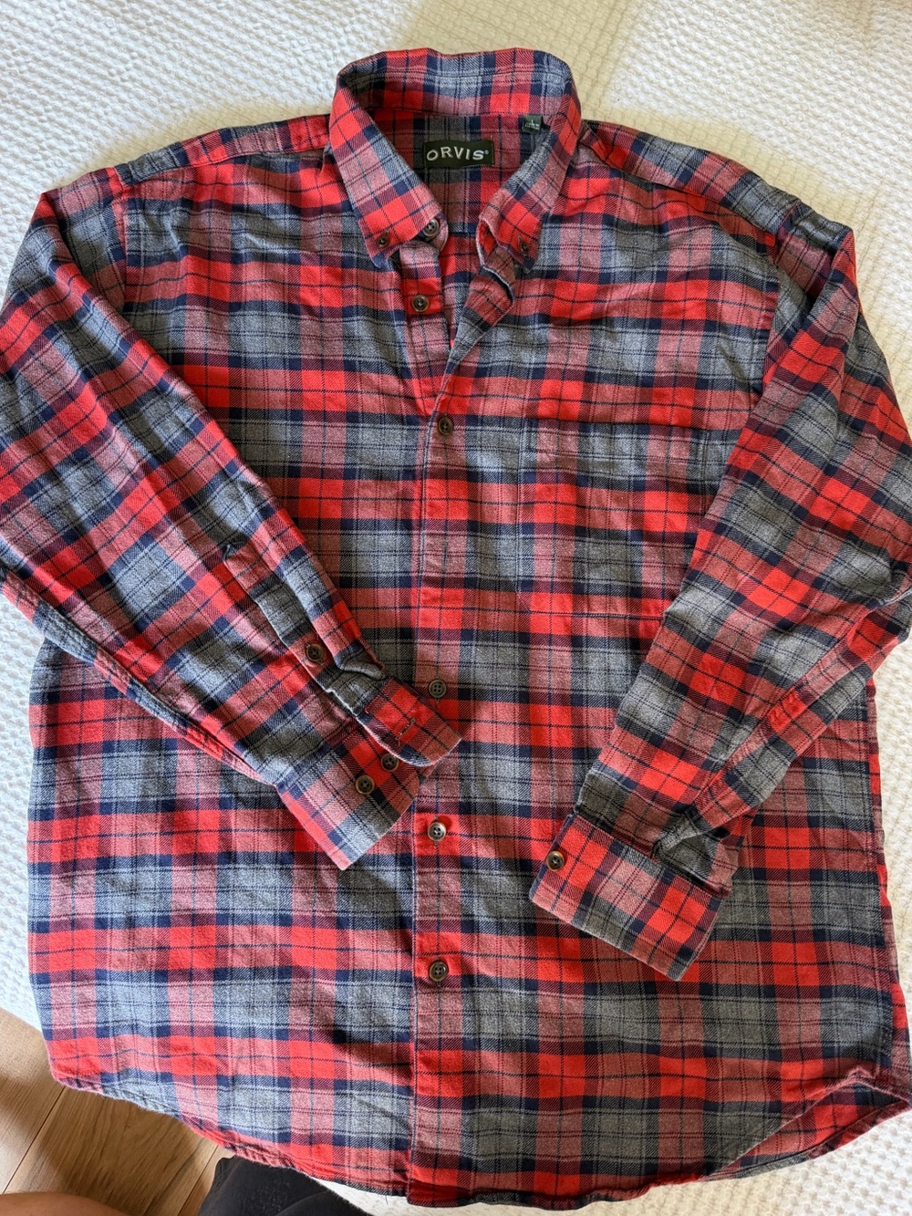 Orvis Red and Gray Plaid Button-Down Shirt 100% Cotton Flannel